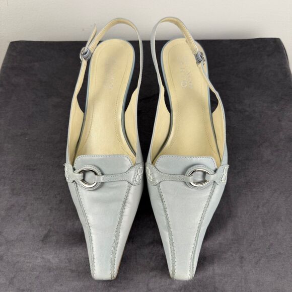 Y2K Vintage Franco Sarto Blue-Grey Slingback Pointy Square-Toe Kitten Heels - Picture 1 of 9
